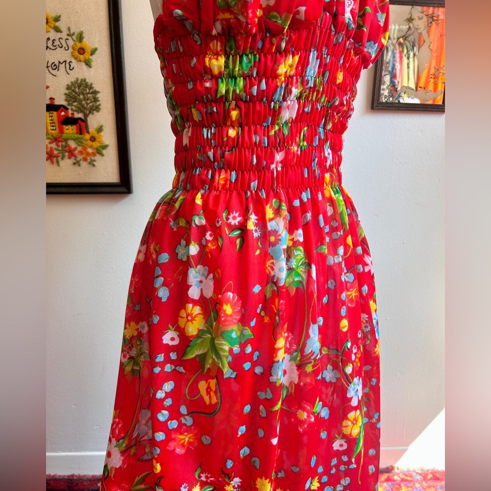 Vintage 70s Red Floral Maxi Dress with Multicolor Flowers - Picture 5 of 9
